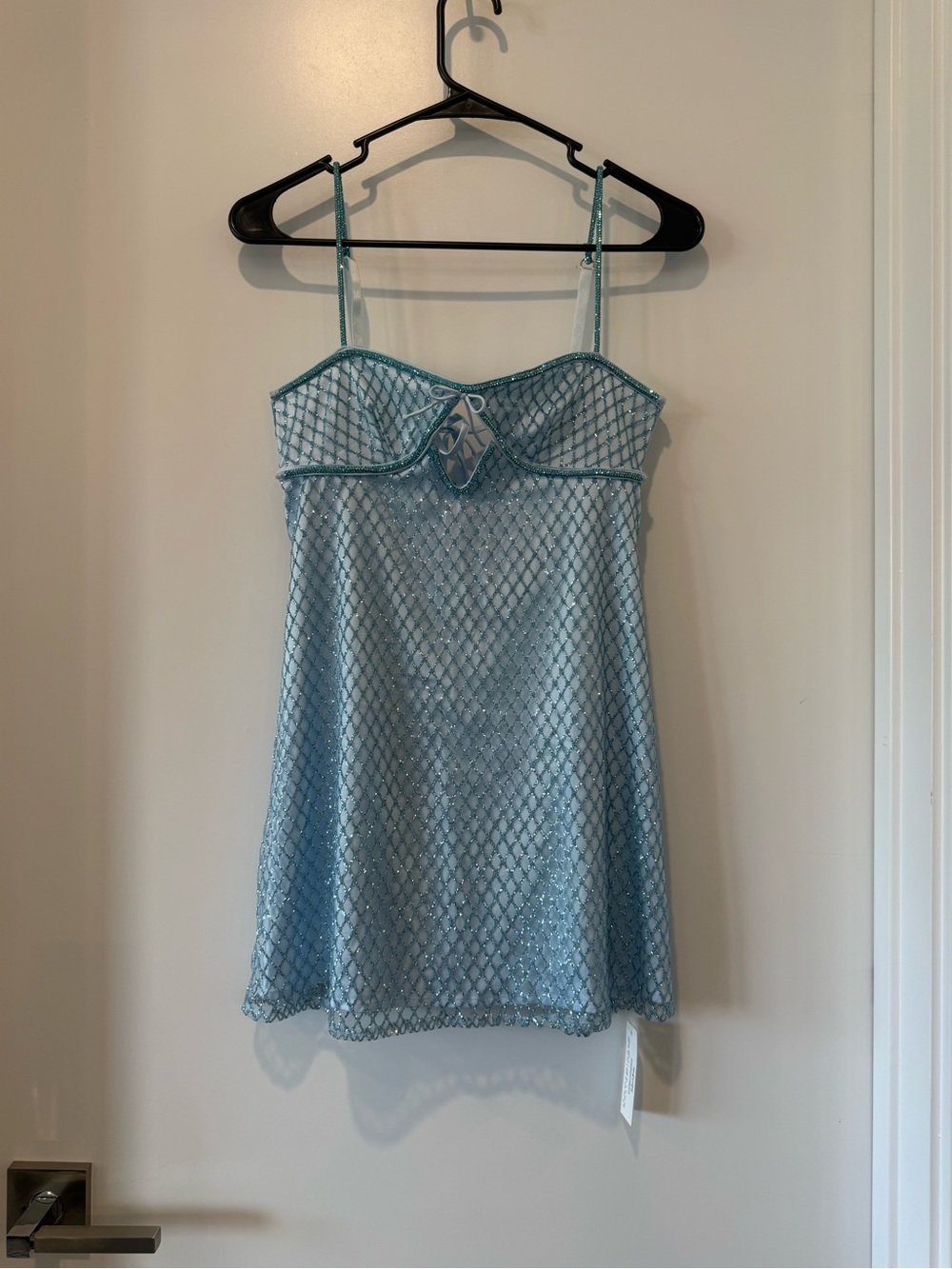 NWT For Love & Lemons Blue Glitter Mesh Mini Slip Dress Rhinestone Fishnet - Picture 1 of 8